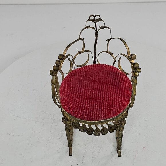 Vintage Pin Cushion Rocking Chair Red Tin Can Folk Tramp Art Dollhouse Kitsch - Picture 8 of 8